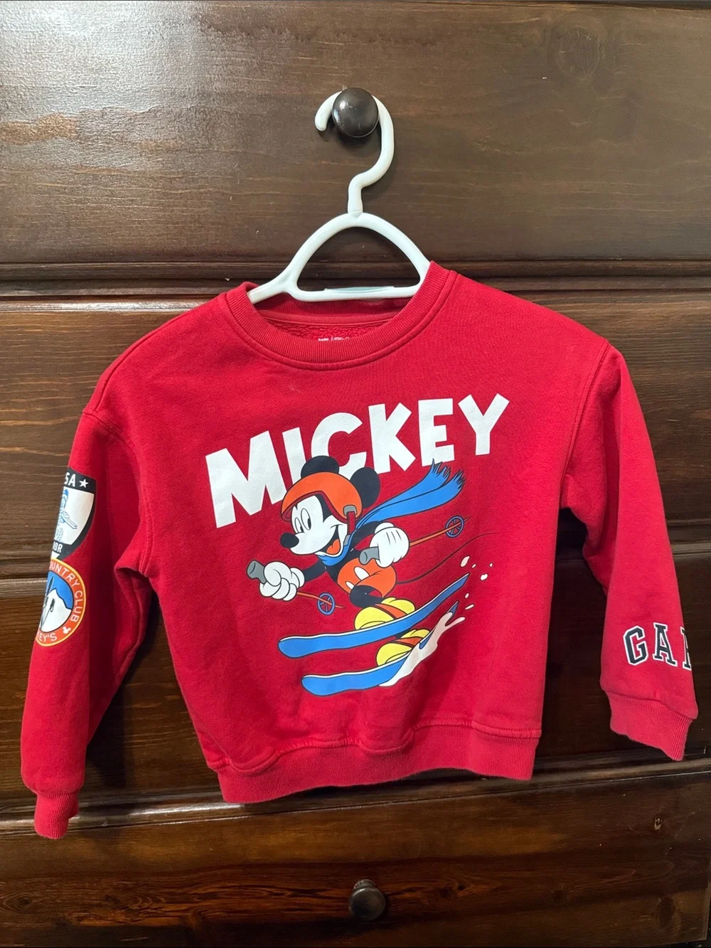 Red Mickey Mouse Kids Sweatshirt with Ski Graphic